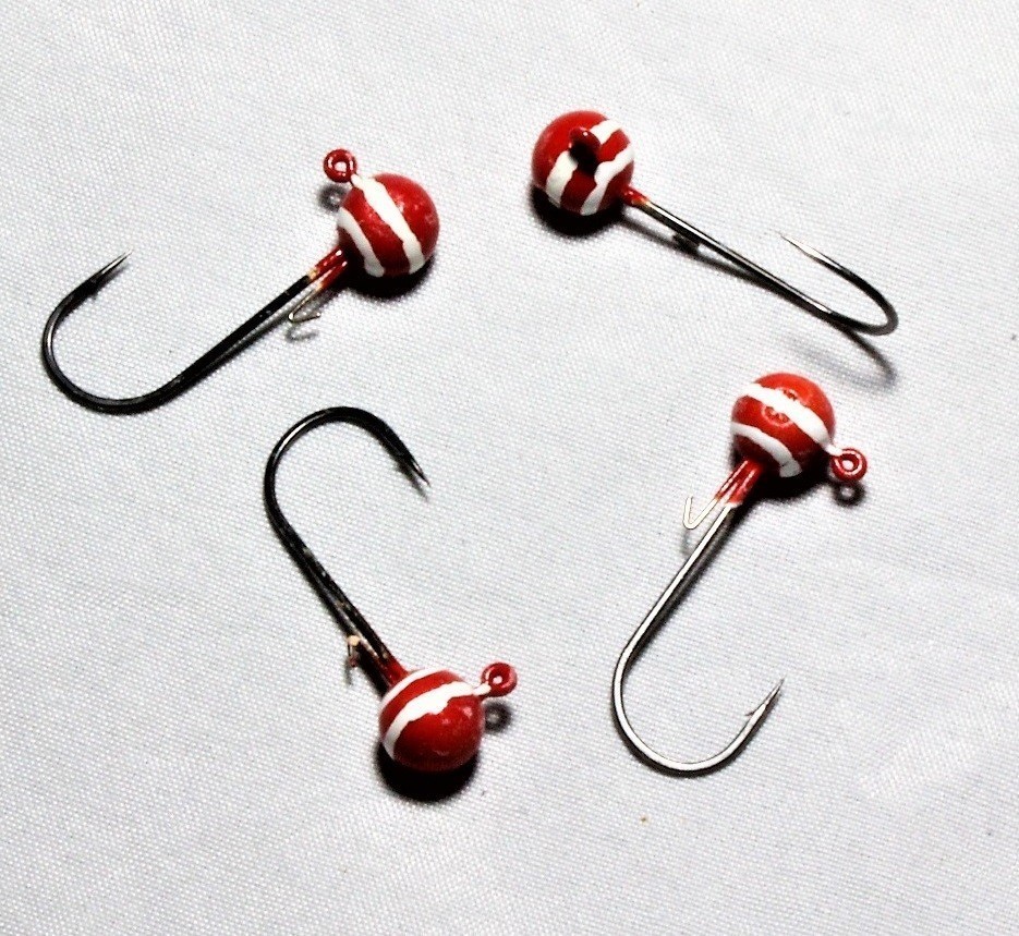 183, 4 each Tungsten Walleye, & Perch Jig, 1/4 oz. #1/0 Hook Size, Red  TigerUV Paint & Glow PaintUnigue Wax Worm Shape Allows For More Tungsten  Weight, To Get The Jig Back