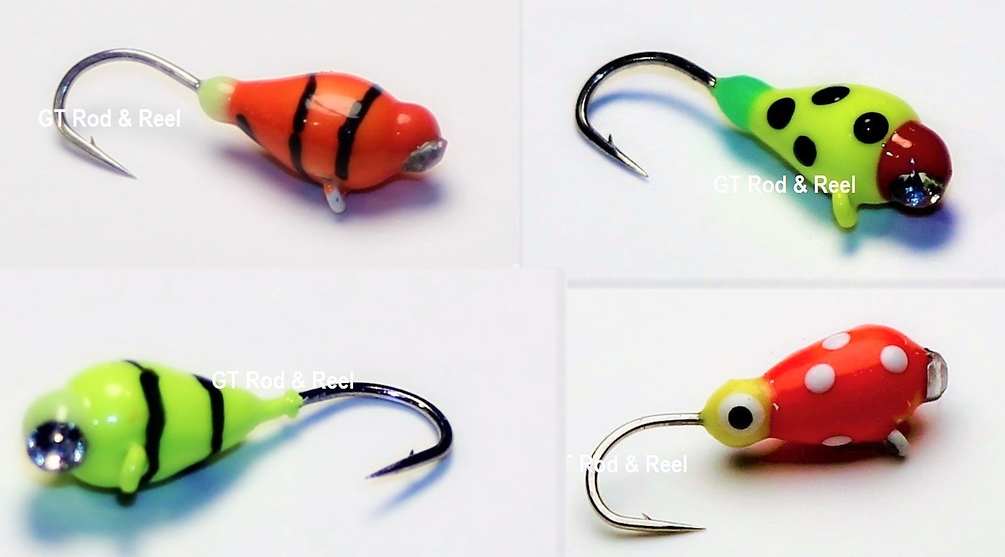 512, 4 Tungsten Ice Fishing Tear Drop Jigs, 1.1 Gram, #14, Hook, 4.0mm,  Glass Eye, Yellow Tiger-Orange Tiger-YellUV Paint & Glow PaintUnigue Wax  Worm Shape Allows For More Tungsten Weight, To Get