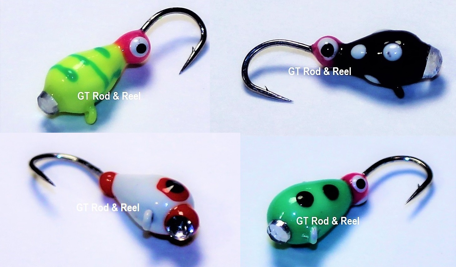 514, 4 Tungsten Ice Fishing Tear Drop Jigs, 1.1 Gram, #14, Hook, 4.0mm,  Glass Eye, Black Lady Bug-Red Headed Clown-GrUV Paint & Glow PaintUnigue  Wax Worm Shape Allows For More Tungsten Weight