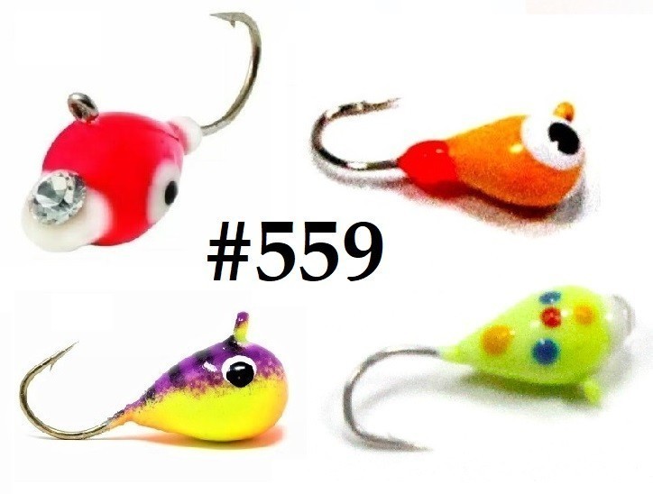 #559, 4 each Tungsten Ice Fishing Tear Drop Jig, 1.1 Gram, #14, Hook, 4.0mm, Tiger Viking--Tequila Sunrise--Crystal Fireball--Yellow Wonder Bread
