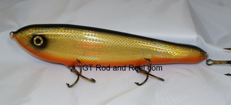 Smuttly Dog Baits 10 Drop Belly 10DB Musky Glide Bait Color: Flashing  Bronze Shiner8.9 OuncesGreat Wide Glide Of Appox. 3' to 3.5' feet, Good  Belly Roll On The Twitch, Can Be Worked