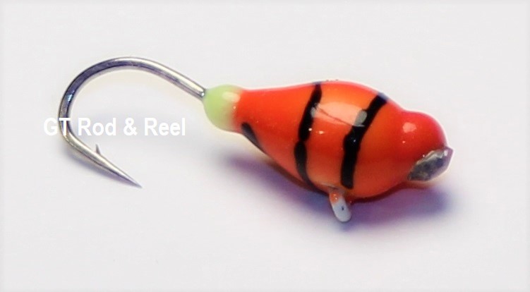 #504, 4 each Tungsten Ice Fishing Tear Drop Jig, 1.1 Gram, #14, Hook, 4.0mm, Glass Eye, Orange Tiger