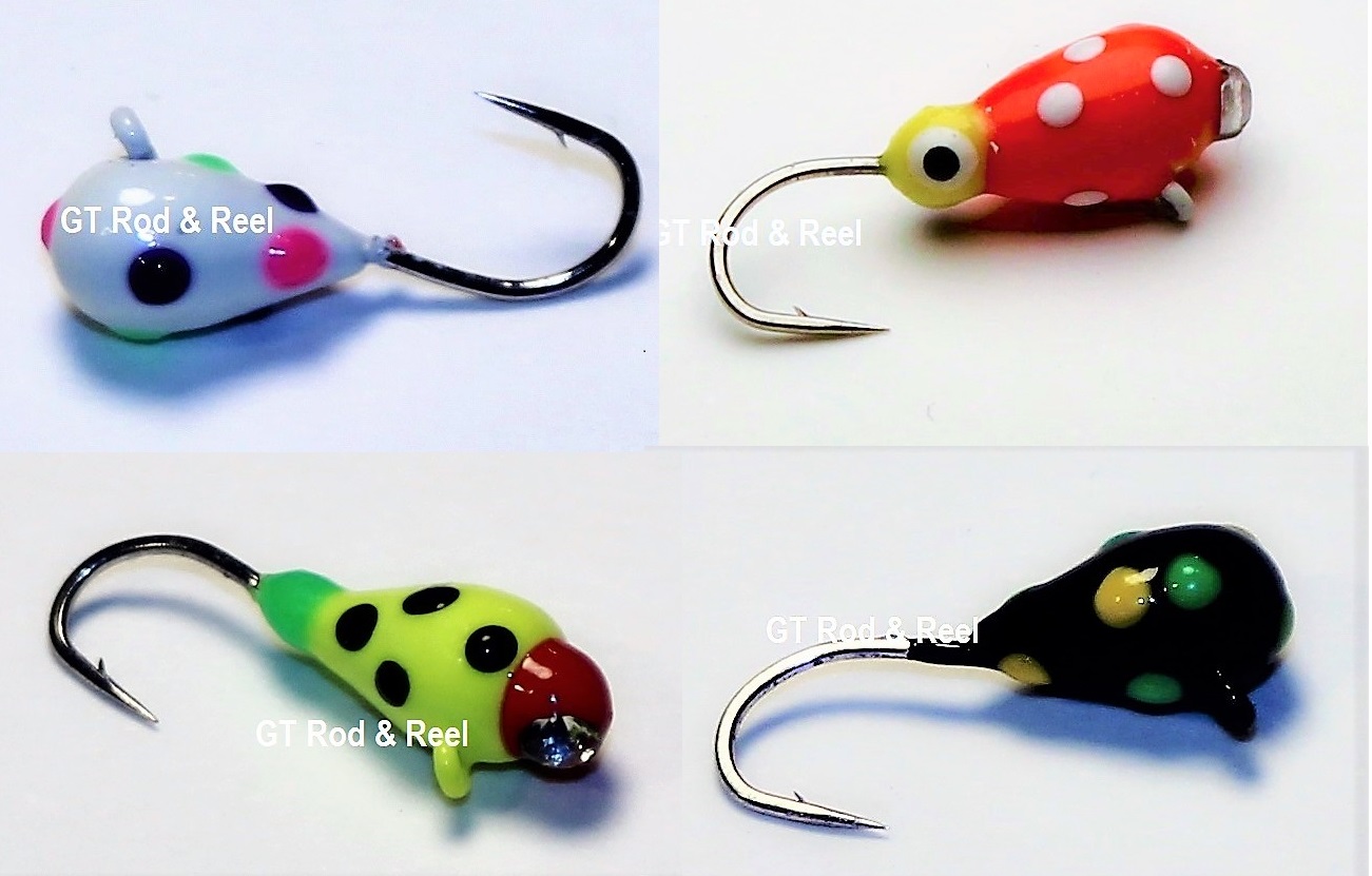 #104-0123, 4 Tungsten Ice Fishing Tear Drop Jig, 0.5 Gram, #16, Hook, 3.0mm, 1 each, Glowing Wonder Bread, Black Bug, Lady Bug, Yellow Lady Bug