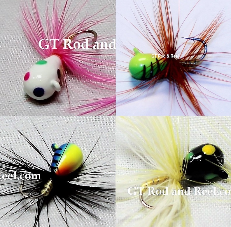 #904-907-fg 4 Tungsten Ice Fishing Tear Drop Jigs 1.85 Gram #12 Hook w/Feather & Glowing Wonder Bread-Tiger-Blue Tiger-Black Bug