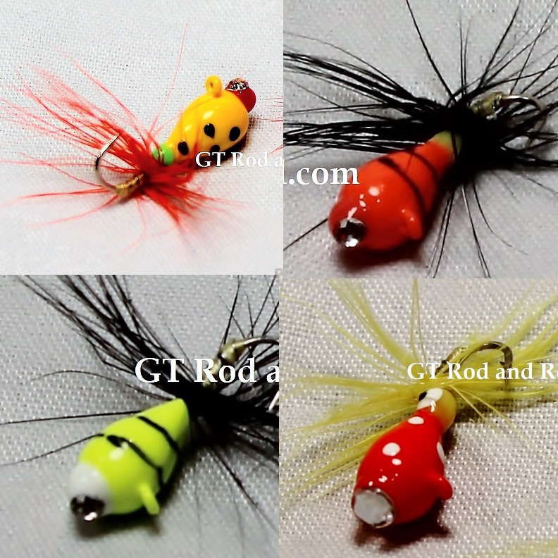 #900-903-fg 4 Tungsten Ice Fishing Tear Drop Jigs 1.85 Gram #12 Hook w/Feather & Glass Eye-Glowing Lady Bug-Yellow Lady Bug-Orange Tiger-Yellow Tiger