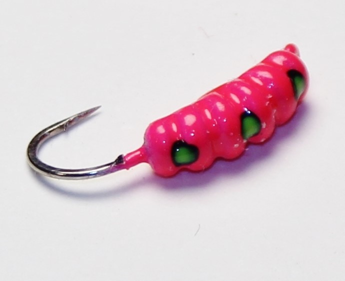761, 5 each Tungsten Ice Fishing, Glass Eye Maggot Jig, 0.8 Gram, #12 Hook, 3.5mm, Glowing Pink Panther