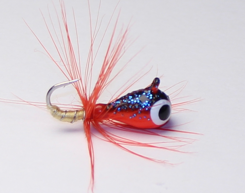 #909-f 4 each Tungsten Ice Fishing Tear Drop Jig 1.85 Gram #12 Hook w/Feather Glowing Ruby