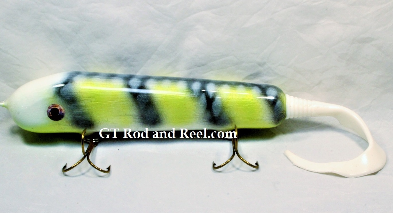 H&H 8" JC  Round Nose Glide Bait with Soft Tail, Black Bar Yellow Carp