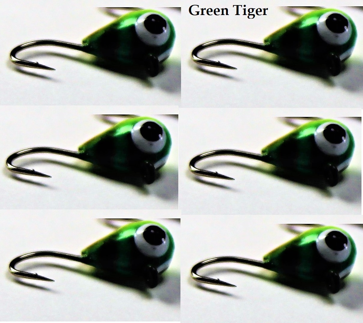 6 each, Group 2, Tungsten Ice Fishing Tear Drop Jig, .09 Gram, #14, Hook, 4.0mm, #68 Green Tiger