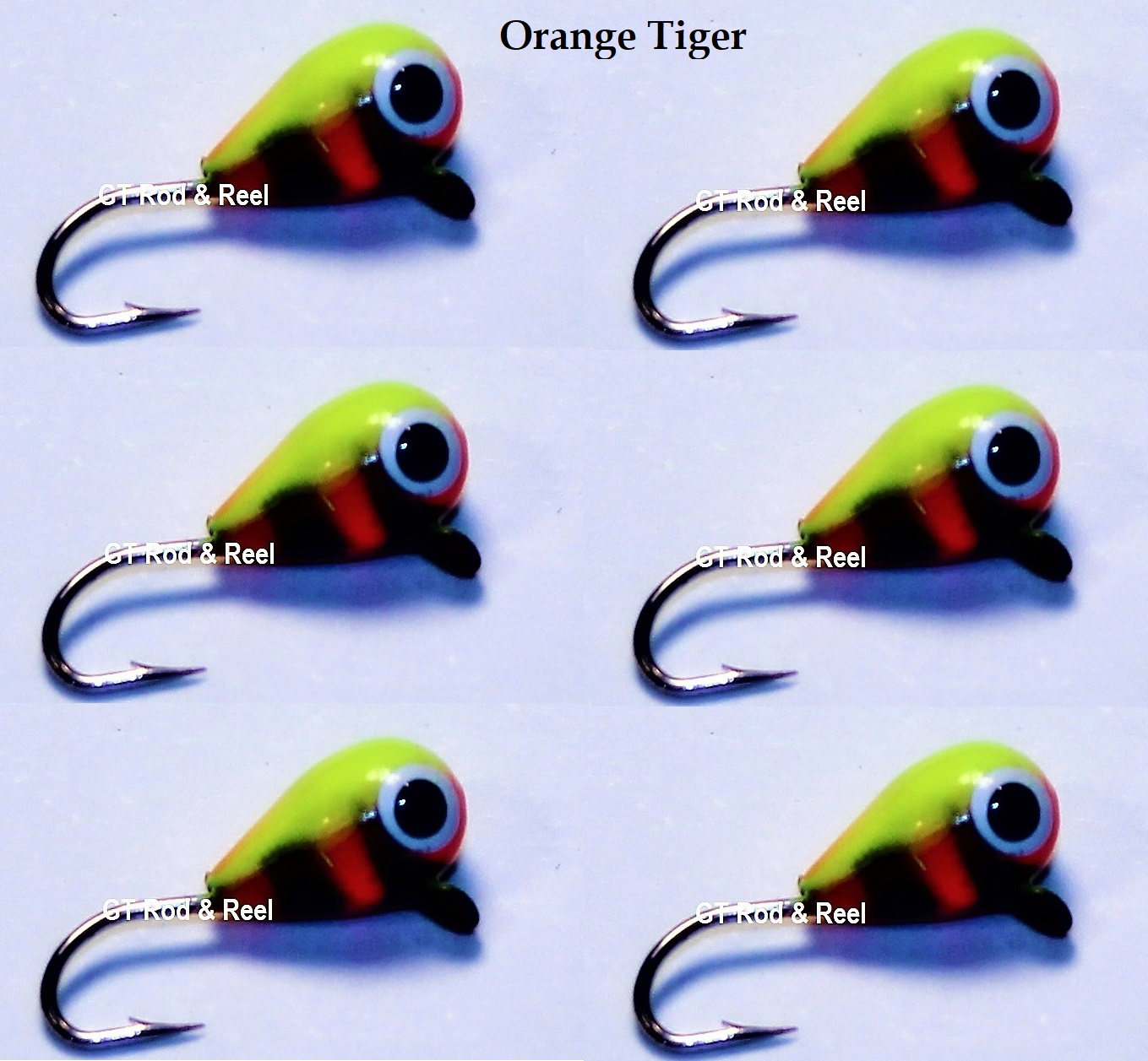 6 each, Group 2, Tungsten Ice Fishing Tear Drop Jig, .09 Gram, #14, Hook, 4.0mm, #72 Orange Tiger 