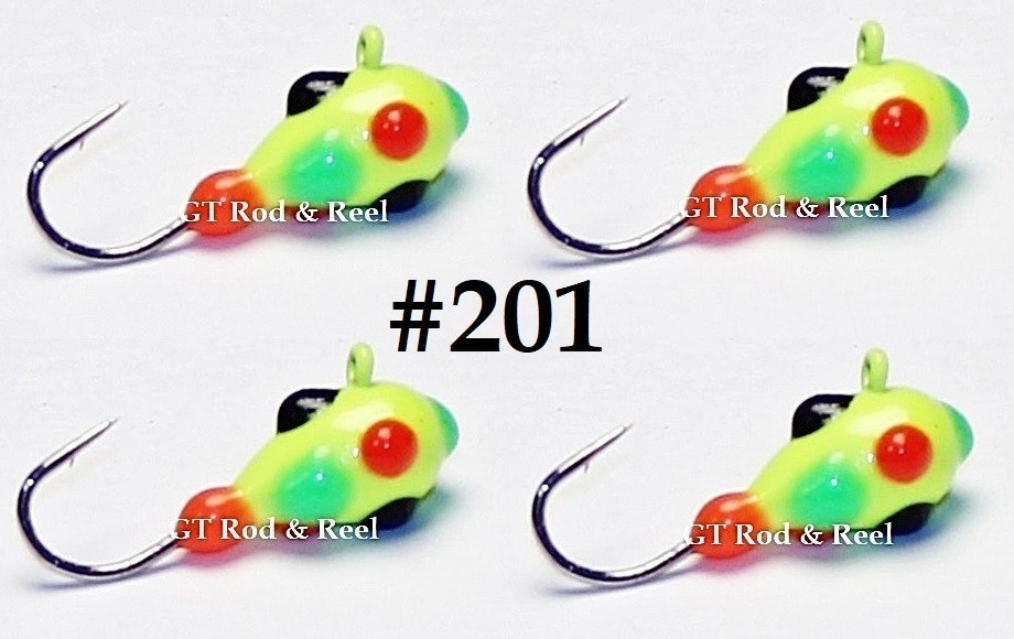 #201, 4 each Tungsten Ice Fishing Pimple Poppers Jig, 1.0 Gram, #14, Hook, 4.0mm, Yellow-Black Clown