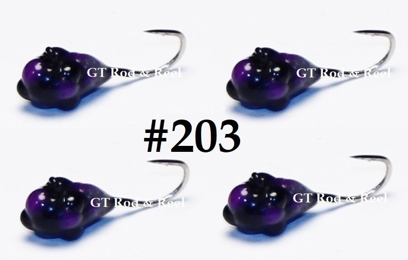 #203, 4 each Tungsten Ice Fishing Pimple Poppers Jig, 1.0 Gram, #14, Hook, 4.0mm, Deep Purple