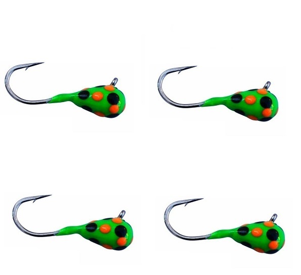 #521, 4 each Tungsten Ice Fishing Tear Drop Jig, 1.1 Gram, #14, Hook, 4.0mm, Glowing Moldy Bread