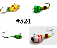 #524, 4 Tungsten Ice Fishing Tear Drop Jig, 1.1 Gram, #14, Hook, 4.0mm, Emerald Tiger-Blood Spot-Moldy Bread-Ruby Tiger