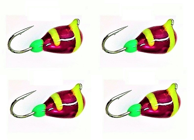 #527, 4 each Tungsten Ice Fishing Tear Drop Jig, 1.1 Gram, #14, Hook, 4.0mm, Rasberry Swirl