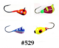 #529, 4 Tungsten Ice Fishing Tear Drop Jig, 1.1 Gram, #14, Hook, 4.0mm, Banana Ruby-Rasberry Swirl-Pumpkin Bread-Patriot