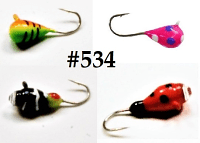 #534, 4 each Tungsten Ice Fishing Tear Drop Jig, 1.1 Gram, #14, Hook, 4.0mm, Multi Color Diamond Red Hot Spot--Velvet Bread--Fire Tiger--Black Swirl