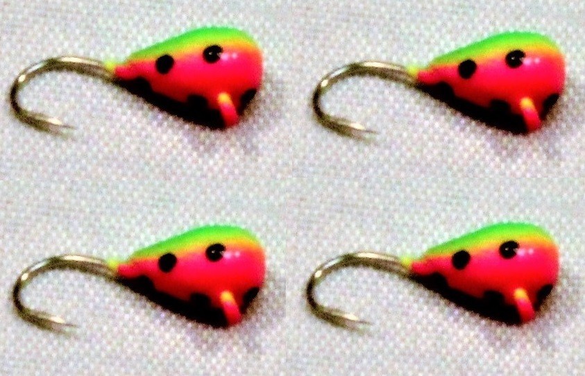 #552, 4 each Tungsten Ice Fishing Tear Drop Jig, 1.1 Gram, #14, Hook, 4.0mm, Watermelon
