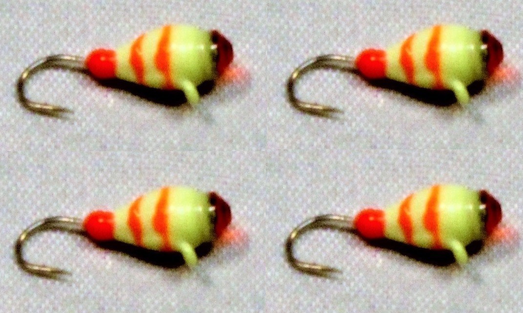 #553, 4 each Tungsten Ice Fishing Tear Drop Jig, 1.1 Gram, #14, Hook, 4.0mm, Yellow Tiger Ruby