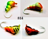 #814 4 Tungsten Ice Fishing Wax Worm Jig 1.7 Gram #14 Hook Glowing Yellow Tiger Fire-Red Bandit-Yellow Jacket-Clown Plug