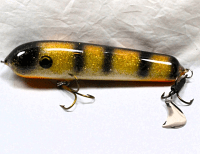 H&H 7" Classic Round Nose Glide Bait, with Stinger Tail, Barred Musky Gold-Dust