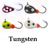 #404-0123, 4 Tungsten Ice Fishing Tear Drop Jigs, 1 Gram, #14 Hook, 4.0mm size, Black, Red, White, Yellow Glow Spot