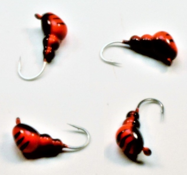 #810 4 ea Tungsten Ice Fishing Wax Worm Jig 1.7 Gram #14 Hook Glowing Red Bandit