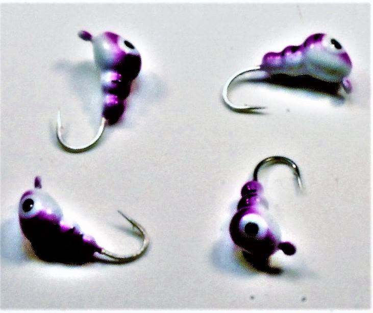 #803 4 ea Tungsten Ice Fishing Wax Worm Jig 1.7 Gram #14 Hook Glowing Purple Tiger