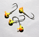 #174, 4 each Tungsten Walleye, & Perch Jig, Multi Size, Gold Fish