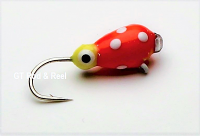 #100, 4 each Tungsten Ice Fishing Tear Drop Jig, 0.5 Gram, #16, Hook, 3.0mm, Glass Eye, Glowing Lady Bug