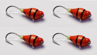 #504, 4 each Tungsten Ice Fishing Tear Drop Jig, 1.1 Gram, #14, Hook, 4.0mm, Glass Eye, Orange Tiger