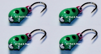 #509, 4 each Tungsten Ice Fishing Tear Drop Jig, 1.1 Gram, #14, Hook, 4.0mm, Glass Eye, Green Lady Bug