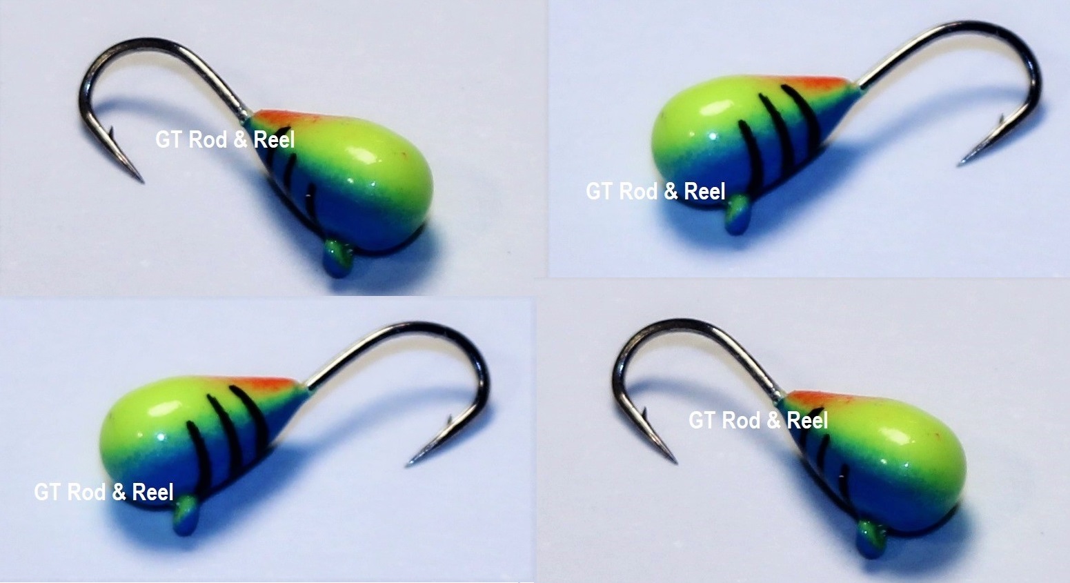 #502, 4 each Tungsten Ice Fishing Tear Drop Jig, 1.1 Gram, #14, Hook, 4.0mm, Glowing Blue Tiger