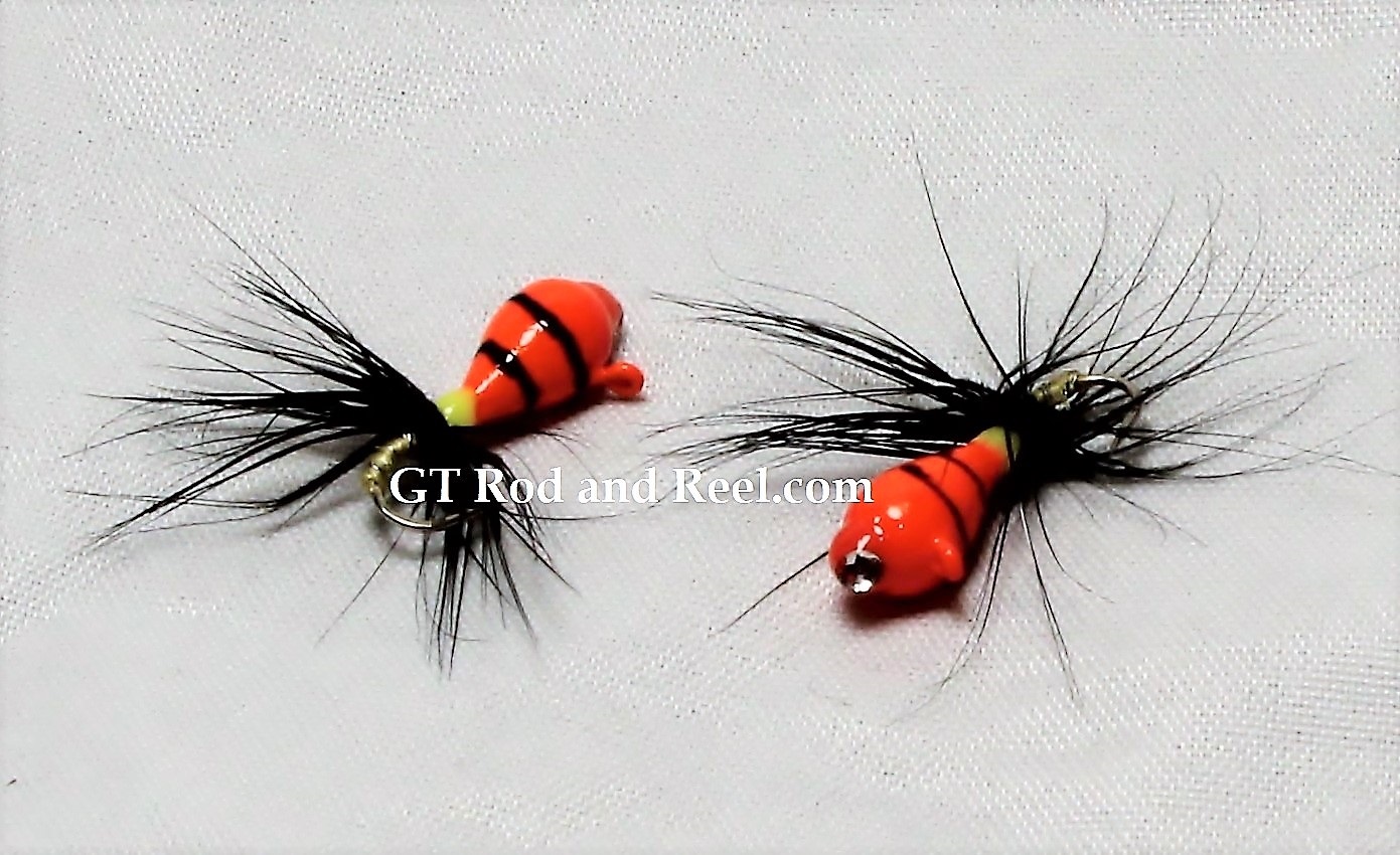 #903-fg 4 each Tungsten Ice Fishing Tear Drop Jig 1.85 Gram #12 Hook w/Feather & Glass Eye Glowing Orange Tiger