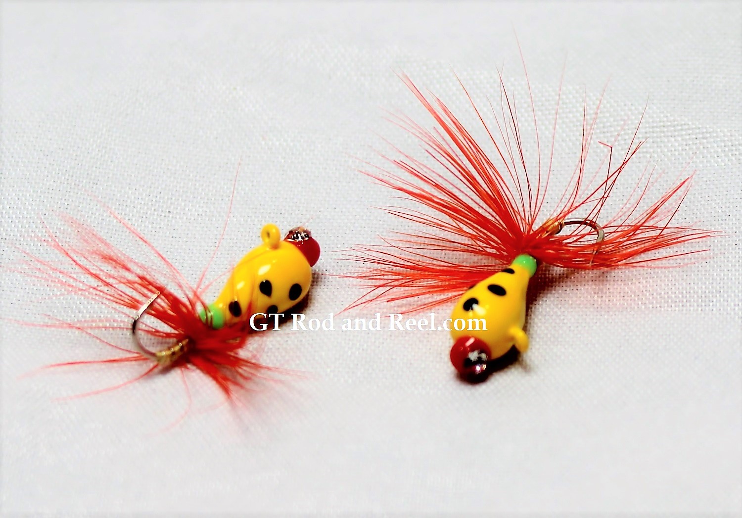 #902-fg 4 each Tungsten Ice Fishing Tear Drop Jig 1.85 Gram #12 Hook w/Feather & Glass Eye Glowing Yellow Lady Bug