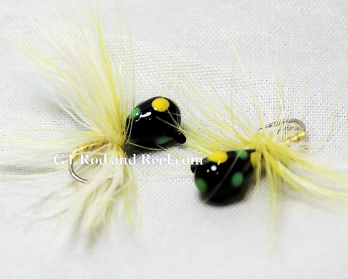 #907-f 4 each Tungsten Ice Fishing Tear Drop Jig 1.85 Gram #12 Hook w/Feather Glowing Black Bug