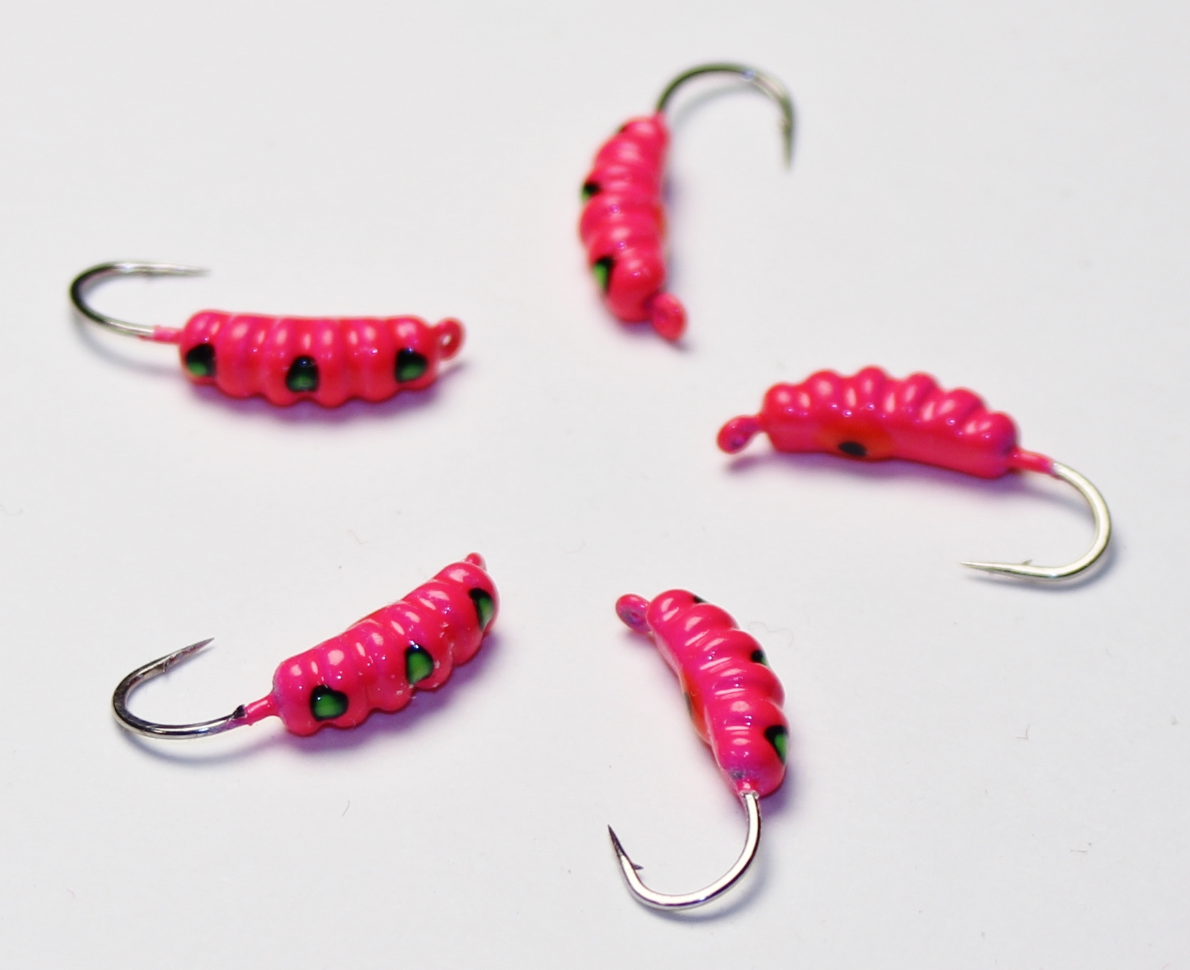 761, 5 each Tungsten Ice Fishing, Glass Eye Maggot Jig, 0.8 Gram, #12 Hook, 3.5mm, Glowing Pink Panther
