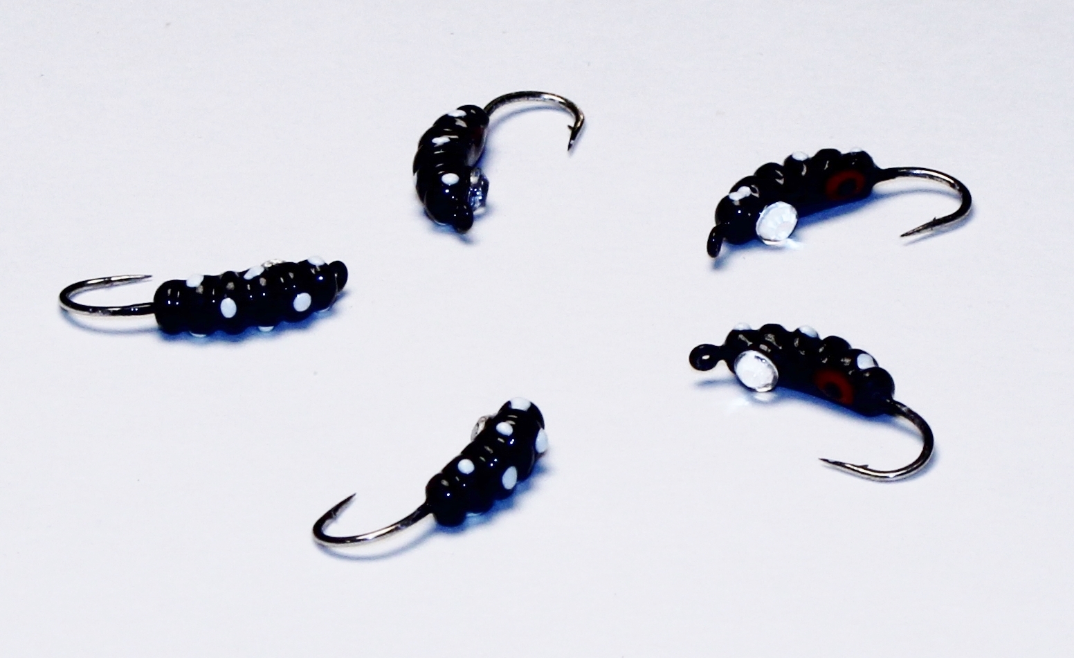 764, 5 each Tungsten Ice Fishing, Glass Eye Maggot Jig, 0.8 Gram, #12 Hook, 3.5mm, Glowing Black Lady Bug