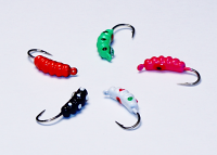 765, 5 Multi-Color Tungsten Ice Fishing, Glass Eye Maggot Jigs, 0.8 Gram, #12 Hook, 3.5mm, Glowing Black Lady Bug-Wonder Bread-Pink Panther-Ruby-Green Lady Bug