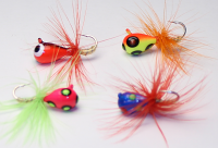 #908-911-fg 4 Tungsten Ice Fishing Tear Drop Jigs 1.85 Gram #12 Hook w/Feather -Glowing Gold Fish-Ruby-Blue Bread-Pink Parrot