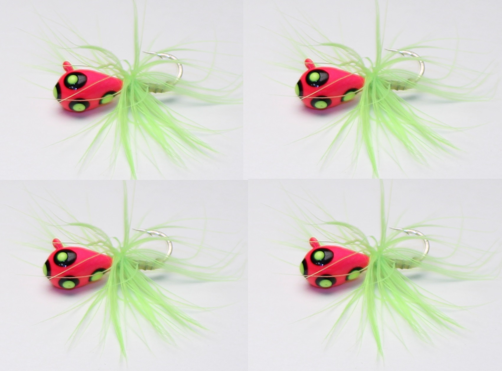 #911-f 4 each Tungsten Ice Fishing Tear Drop Jig 1.85 Gram #12 Hook w/Feather Glowing Pink Parrot
