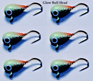 6 each, Group 1, Tungsten Ice Fishing Tear Drop Jig, .09 Gram, #14, Hook, 4.0mm, #48 Glow Bullhead